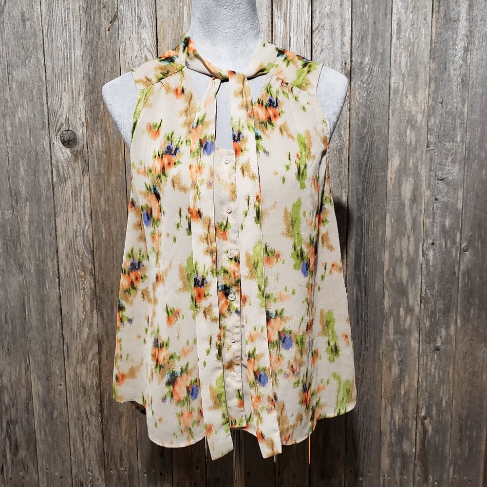 Halogen M Top Blouse Tan Beige Floral Sleeveless Tie Neck Button Front Women's